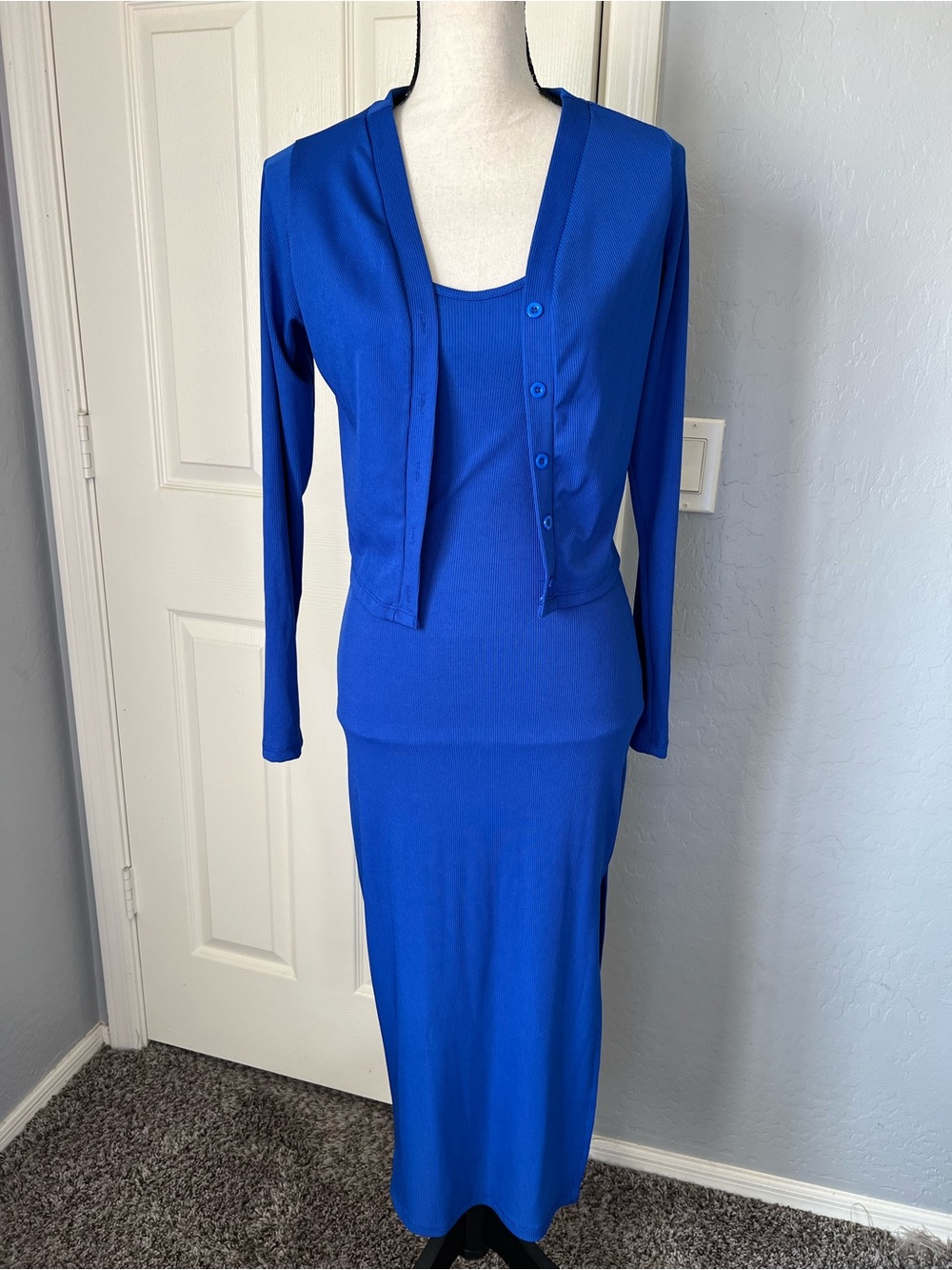 Blue Spaghetti Strap Maxi Dress and Cardigan Set